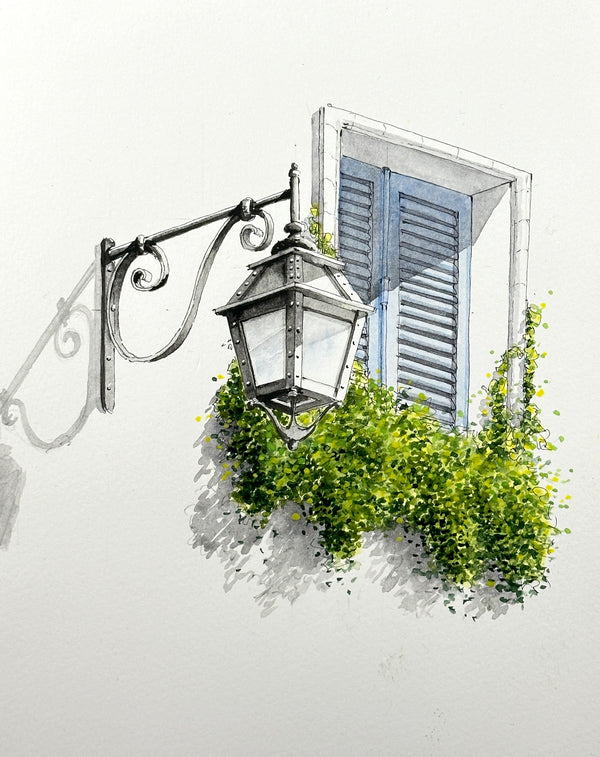 Lantern in Perspective with Foliage & Shutters.