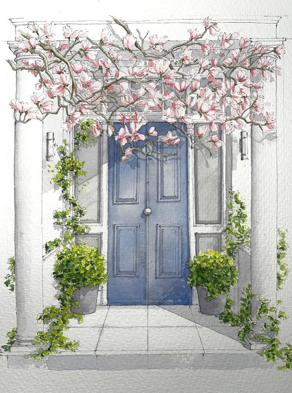 Pretty Blue Door & Magnolia Flowers
